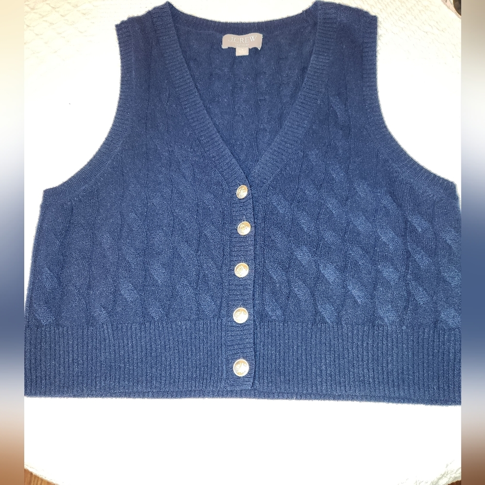 J. Crew Navy Cable Knit Cashmere Cardigan Vest Medium